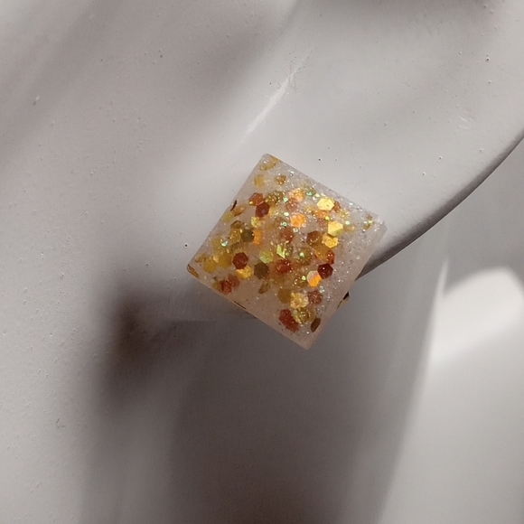 Hand Crafted Jewelry - Hand Crafted Gold and White Stud Earrings with Glitter